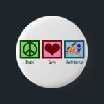 Peace Love Sagittarius 6 Cm Round Badge<br><div class="desc">A peace sign,  heart,  and the centaur representing the Sagittarius astrology sign for birthdays from November 22 through December 21.</div>