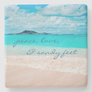 Peace Love Sandy Feet Script Hawaii Tropical Beach Stone Coaster