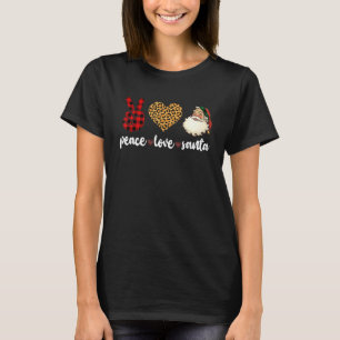 Peace Love Santa Leopard Buffalo Plaid Christmas T-Shirt