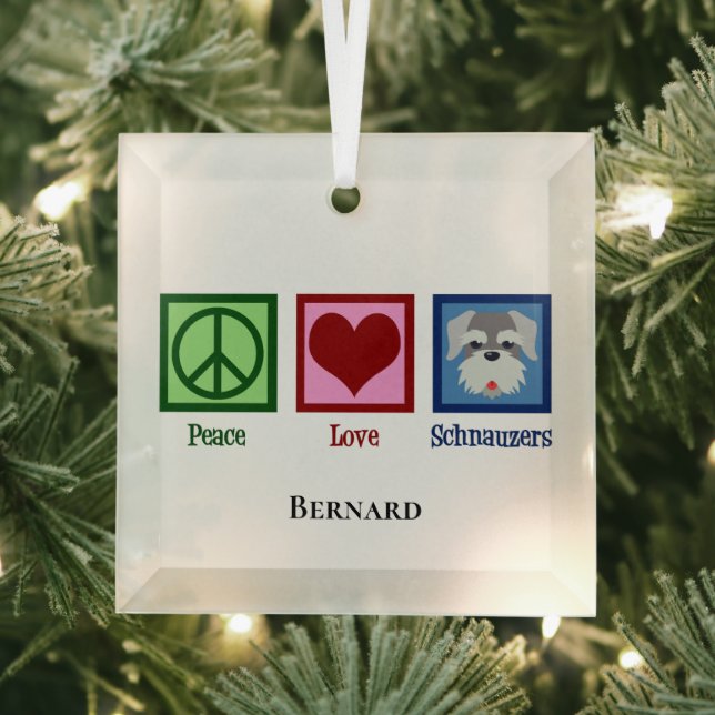 Peace Love Schnauzers Cute Personalised Christmas Glass Tree Decoration (Insitu)