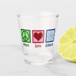 Peace Love Science Shot Glass<br><div class="desc">Cool gift for a science teacher,  scientist,  or just a geek that love to learn about how the world works. Cute Peace Love Science design with a peace sign,  heart,  and atom model.</div>