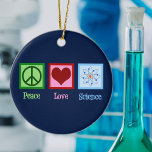 Peace Love Science Teacher Blue Christmas Ceramic Tree Decoration<br><div class="desc">Cool gift for a science teacher,  scientist,  or just a geek that love to learn about how the world works. Cute Peace Love Science design with a peace sign,  heart,  and atom model.</div>