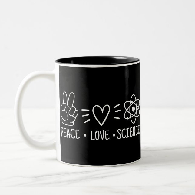Peace Love Science Two-Tone Coffee Mug (Left)
