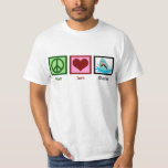 Peace Love Sharks T-Shirt<br><div class="desc">Sharks are cool. A green peace sign, red heart, and an awesome shark with sharp teeth jumping out of the ocean water looking fierce. I love marine animals.</div>