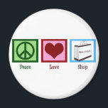 Peace Love Shop Magnet<br><div class="desc">Peace sign, heart, and a pretty boutique shopping bag.</div>