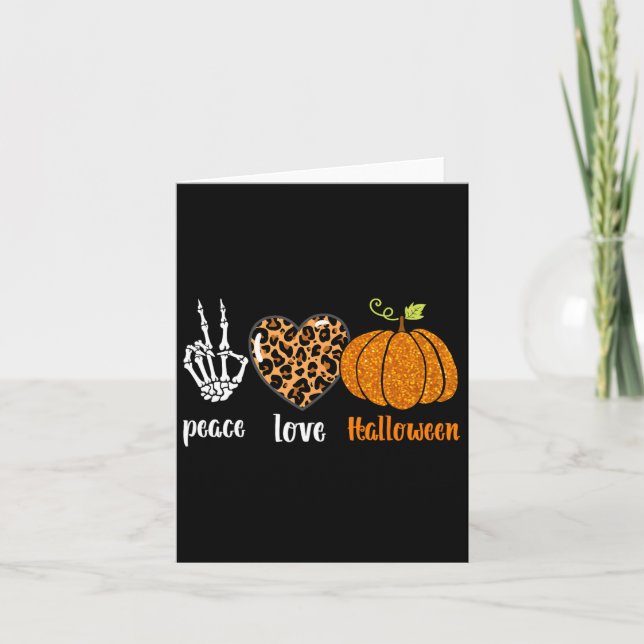 Peace Love Skeleton Fall Pumpkin Leopard Halloween Card (Front)