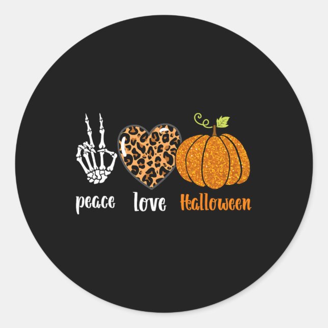 peace love Skeleton fall Pumpkin leopard Halloween Classic Round Sticker (Front)