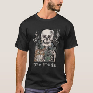 Peace Love Skull And Cat Halloween Skeleton Smile T-Shirt