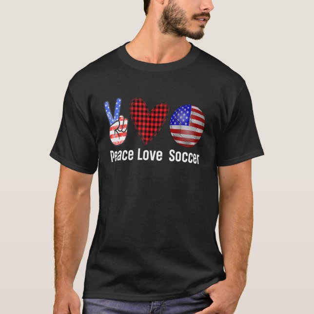 Peace Love Soccer Ball Football American USA Flag T-Shirt (Front)