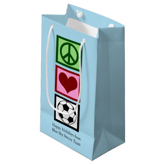 Peace Love Soccer Blue Custom Holiday Small Gift Bag (Front Angled)