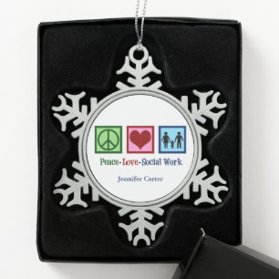 Peace Love Social Work Personalised Christmas Snowflake Pewter Christmas Ornament