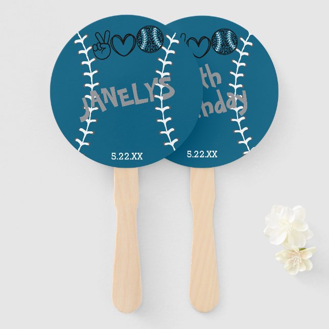 Peace Love Softball Birthday Hand Fan (Front and Back)