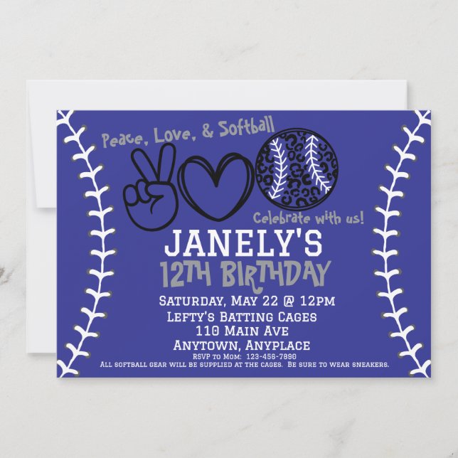 Peace Love Softball Birthday Invitation (Front)