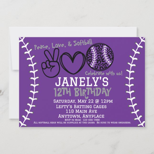 Peace Love Softball Birthday Invitation (Front)