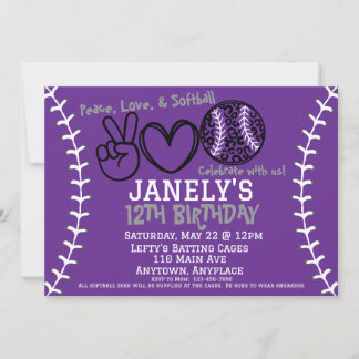 Peace Love Softball Birthday Invitation