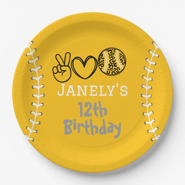Peace Love Softball Birthday Paper Plate (Front)