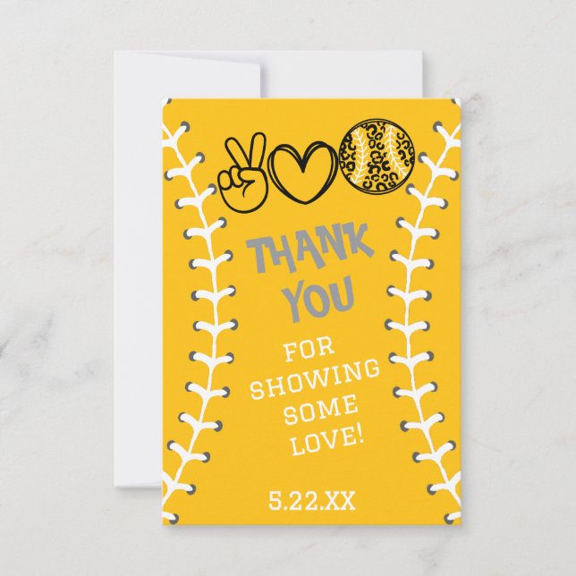 Peace Love Softball Birthday Thank You Card (Front)