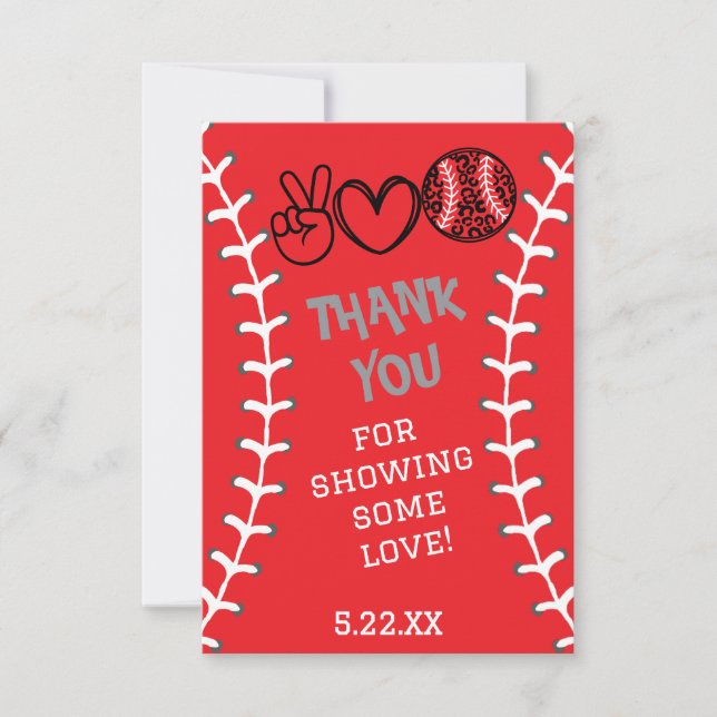 Peace Love Softball Birthday Thank You Card (Front)