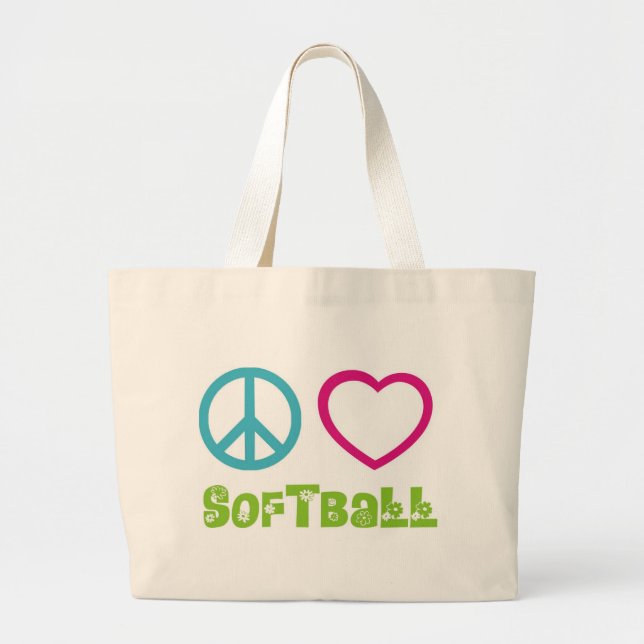 Peace Love Softball Large Tote Bag (Front)