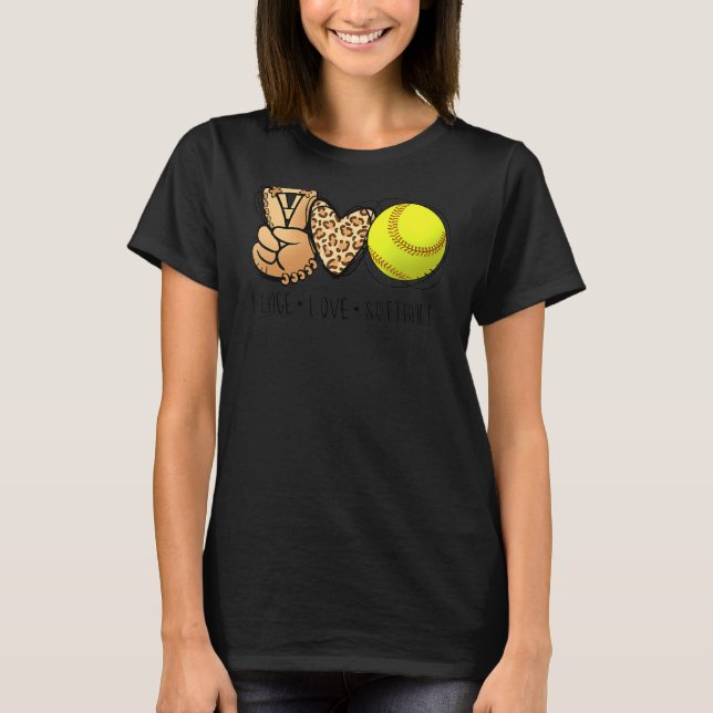 Peace Love Softball Moms Leopard Print Mother's Da T-Shirt (Front)