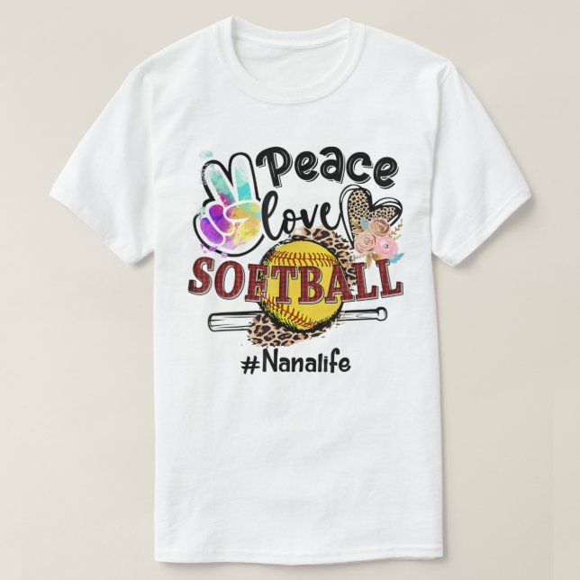 Peace Love Softball Nana Life Mom Grandma Leopard  T-Shirt (Design Front)
