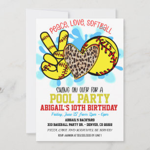 Peace Love Softball Pool Party Invitation