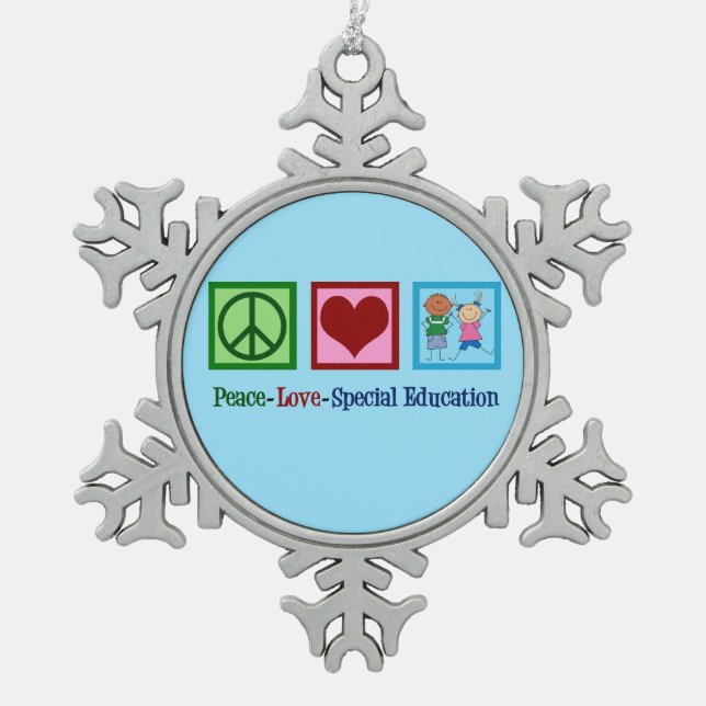 Peace Love Special Education Teacher Snowflake Pewter Christmas Ornament (Front)