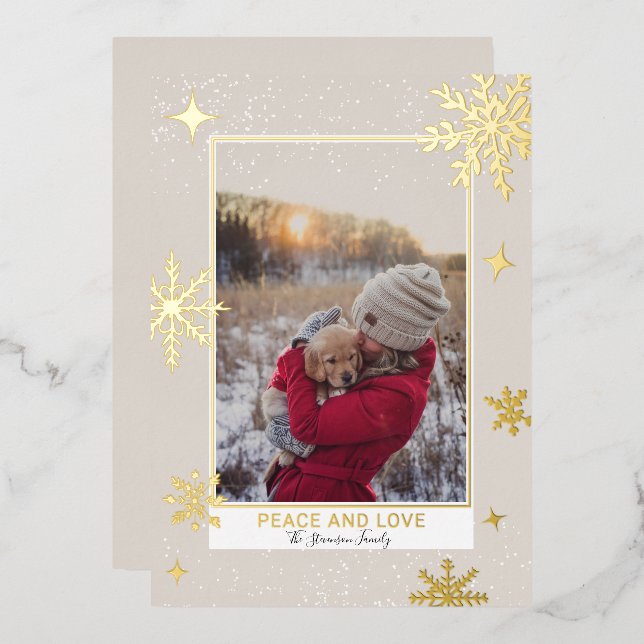 Peace love stars snow red photo  foil holiday card (Front/Back)