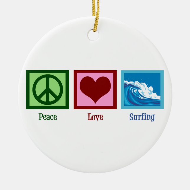 Peace Love Surfing Ceramic Tree Decoration (Front)