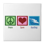 Peace Love Surfing Tile<br><div class="desc">A peace sign, heart, and the beautiful ocean surf. A great gift for a surfer.</div>