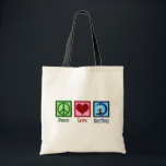 Peace Love Surfing Tote Bag<br><div class="desc">Peace Love Surfing Gift. An awesome surfing design with a peace sign,  heart,  and a cool surfer on a surfboard riding blue waves. I love going to the ocean when the surf is wild.</div>