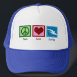 Peace Love Surfing Trucker Hat<br><div class="desc">A peace sign,  a heart,  and beautiful blue waves crashing in the ocean.</div>