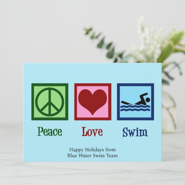 Peace Love Swimming Cute Swim Team Christmas Holiday Card (Standing Front)