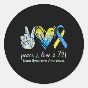 Peace Love T21 Down Syndrome Awareness Blue Yellow Classic Round Sticker