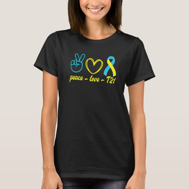 Peace Love T21 Yellow Blue Ribbon Down Syndrome Aw T-Shirt (Front)