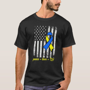 Peace Love T21 Yellow Blue Ribbon Down Syndrome Aw T-Shirt