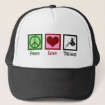 Peace Love Tattoos Cute Tattoo Artist Gun Trucker Hat<br><div class="desc">Peace Love Tattoos. A cool tattoo artist gift with a peace sign,  heart,  and tattoo gun for a tattooist. Cute tattooer present.</div>