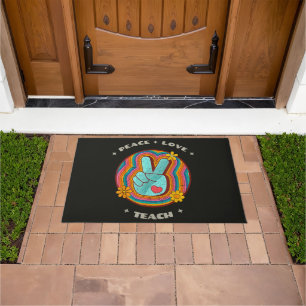 Peace Love Teach Vintage Retro 70s Hippie Doormat
