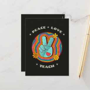 Peace Love Teach Vintage Retro 70s Hippie Holiday Postcard