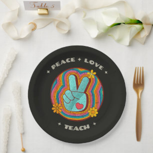 Peace Love Teach Vintage Retro 70s Hippie Paper Plate