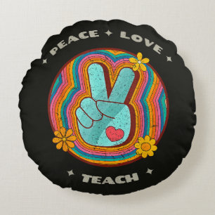 Peace Love Teach Vintage Retro 70s Hippie Round Cushion