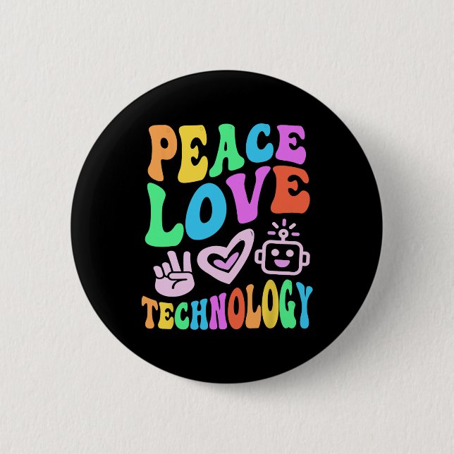 Peace Love Technology Retro Computer Teacher Vibes 6 Cm Round Badge (Front)