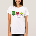 Peace Love Tennis Cute Custom Women's T-Shirt<br><div class="desc">Are you the tennis pro at your high school or college? Personalise this cute women's tennis pro tee with your school and team name under the peace sign,  heart,  and tennis ball. A pretty tennis player t-shirt for women.</div>