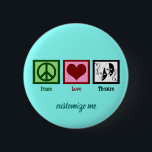 Peace Love Theatre Cute Custom 6 Cm Round Badge<br><div class="desc">Peace Love Theatre buttons with a cute design of a green peace sign, heart, and two drama masks representing an actor and actress in the theatre. A pretty drama club gift for someone who loves acting in plays and theatrical productions. A great dramatic playwright present for a fan of the...</div>