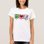 Peace Love Theatre Cute Women's T-Shirt<br><div class="desc">A peace sign,  heart,  and the theatrical masks of sad and happy. A great theatre t-shirt gift for an actor,  actress,  playwright,  or set design person. Pretty theatre club tees.</div>