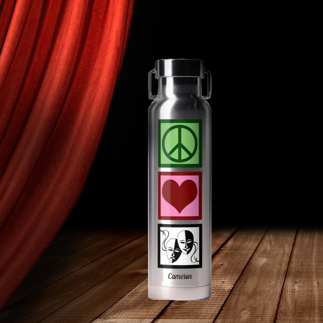 Peace Love Theatre Drama Masks Personalised Water Bottle (Creator Uploaded)
