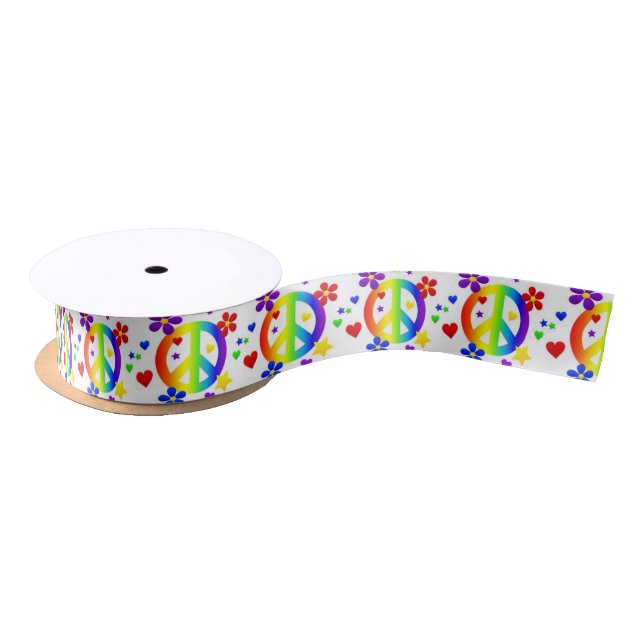 PEACE LOVE TIE DYE HIPPIE SYMBOL SATIN RIBBON (Spool)