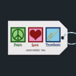 Peace Love Trombone Player Cute Custom Gift Tags<br><div class="desc">Custom Peace Love Trombone gift tag for a member of the marching band who loves playing a brass instrument. A cute peace sign,  heart,  and trombone on personalised gift tags.</div>