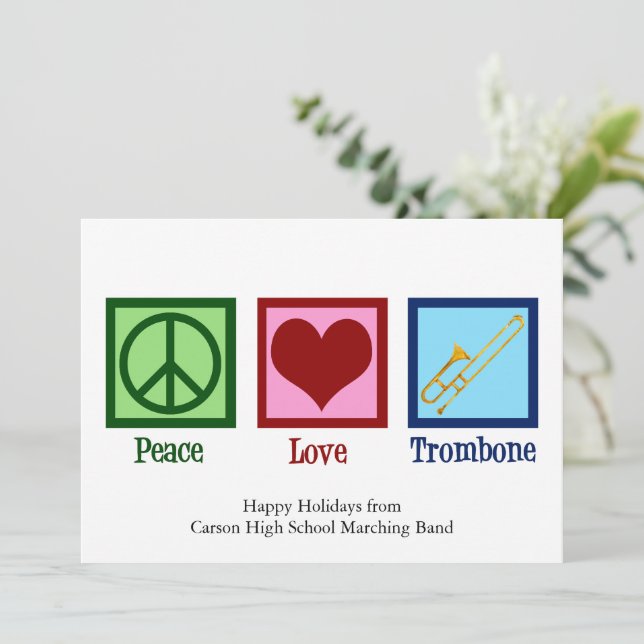 Peace Love Trombone Player Cute Custom Holiday Card (Standing Front)