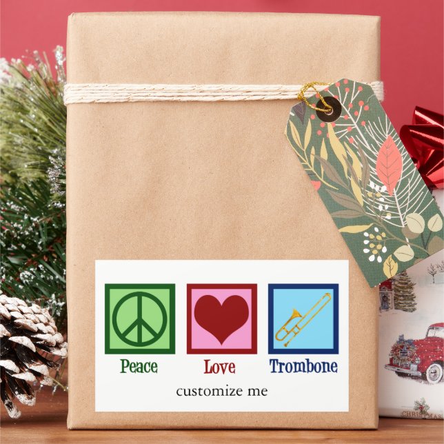 Peace Love Trombone Player Cute Custom Rectangular Sticker (Holiday)